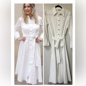 Zara embroidered perforated eyelet  A-Line cotton Shirt Dress with long sleeves